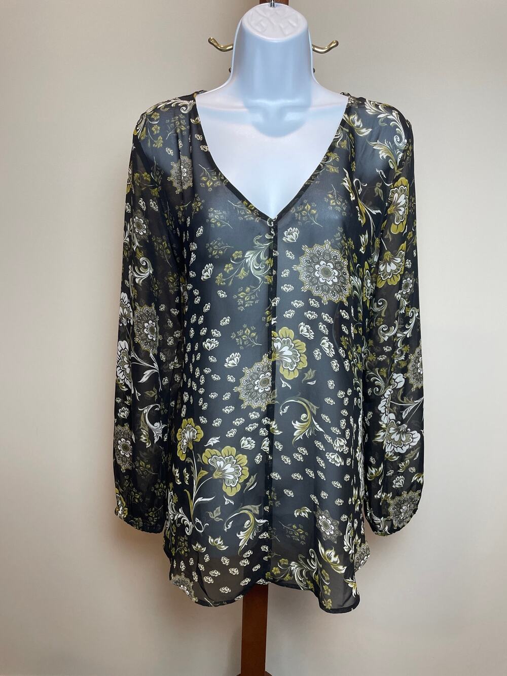 LOFT Outlet Blouse Size M Black Olive Paisley Floral Sheer V Neck Long Sleeve